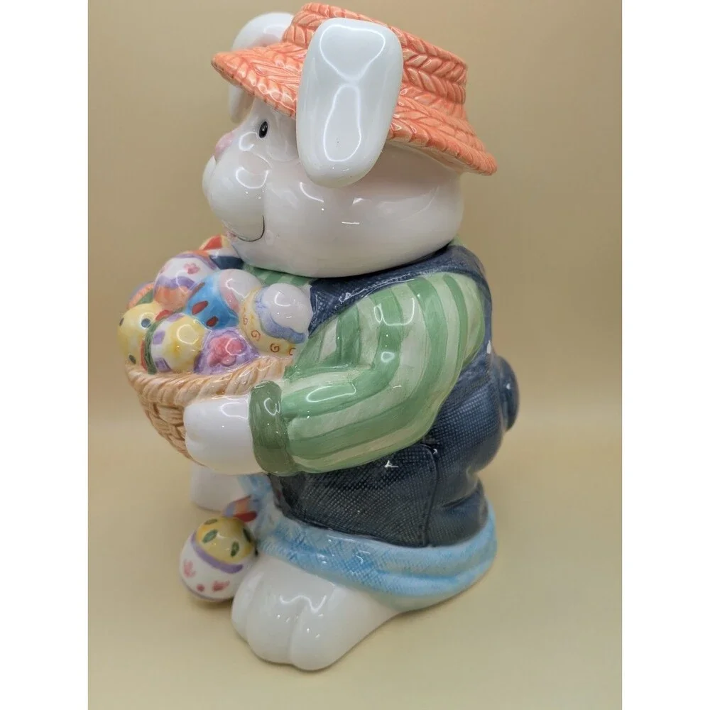 CKA Ceramic Easter Bunny Cookie Jar Vtg Rabbit Holding Basket Eggs Straw Hat *